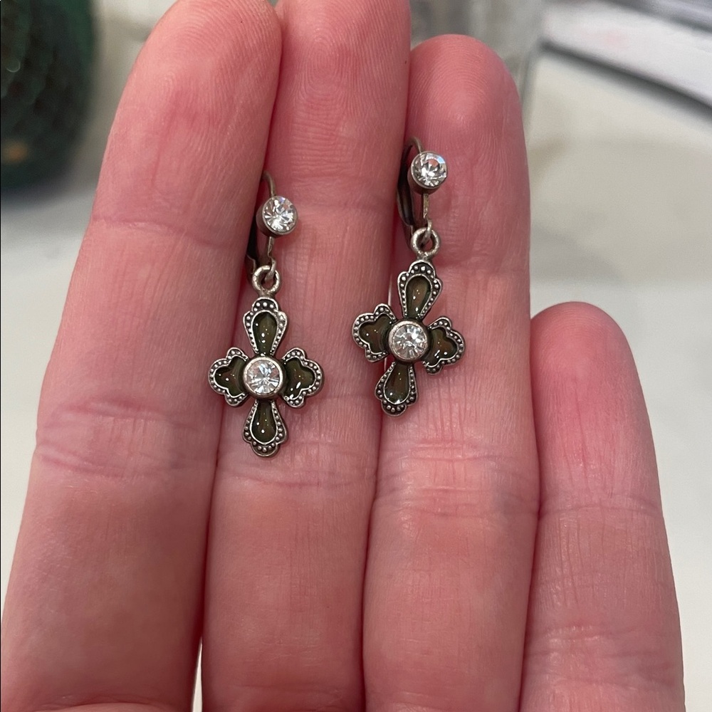 Vintage-Inspired Silver Cross Drop Earrings with Green Clear Details and Crystal